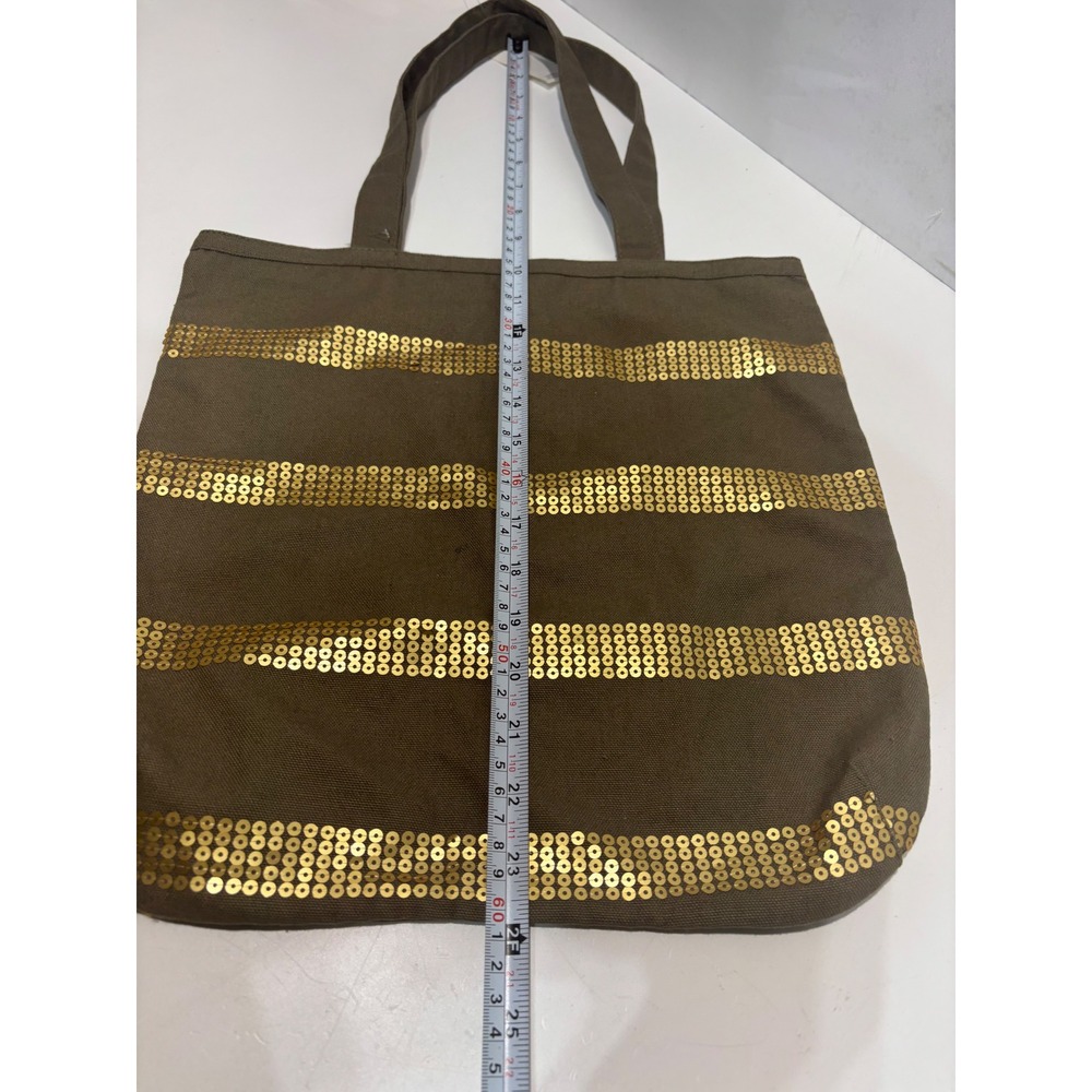 LOFT Tote Bag Women Olive Green Gold Sequin Striped Canvas Shoulder Bag - Picture 9 of 9